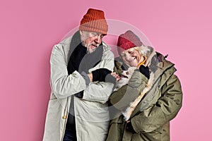 happy senior couple of homeless people with pet dog