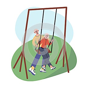 Happy senior couple, husbund swing her wife on a swing. Elderly man and woman lead active lifestyle. Grandmother and
