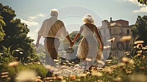 Happy senior couple jumping in park back view. Generative AI.