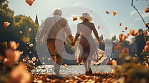 Happy senior couple jumping in park back view. Generative AI.