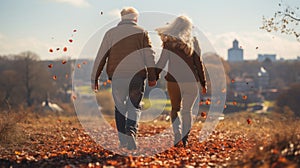 Happy senior couple jumping in park back view. Generative AI.