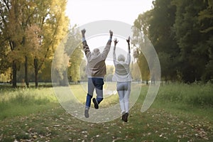 Happy senior couple jumping in park. Generative AI