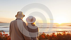 Happy senior couple looking enjoying beach sunset landscape together, summer vacation at sea coast