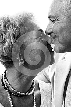 Happy senior couple in love. Close-up portrait of a happy senior couple looking at each other.