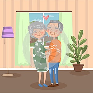 Happy senior couple in love holding each other hands at home, vintage cozy interior vector Illustration