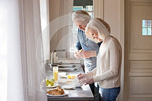 Happy senior couple make healthy breakfast on home kitchen