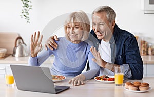 Happy senior couple making video call while having breakfast