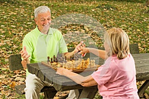 Happy senior couple playing chess