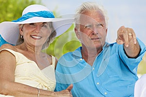 Happy Senior Couple Pointing on A Tropical Beach