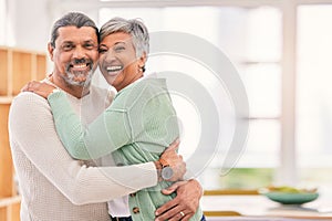 Happy senior couple, portrait and hug with love in living room bonding, romance or embrace together at home. Mature man