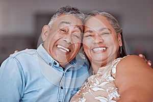 Happy senior couple, portrait smile and relationship bonding together in joyful happiness at home. Man and woman smiling