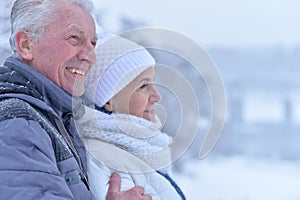 Happy senior couple posing at winter park