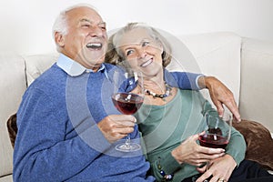 Happy senior couple with red wine glasses while sitting on sofa at home