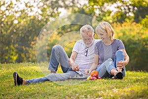 Happy senior couple relaxing in park playing chess together . old people sitting on grass in the summer park . Elderly resting .