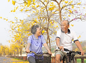 Happy senior couple ride on bicycle in the park