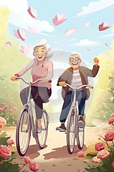 happy senior couple riding bicycle at park, active old people, generative AI