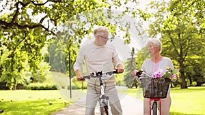 Happy senior couple riding bicycles at summer park