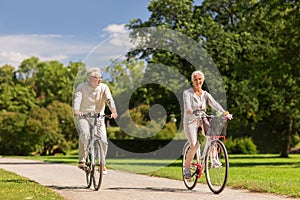 Happy senior couple riding bicycles at summer park