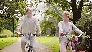 Happy senior couple riding bicycles at summer park