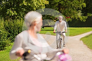 Happy senior couple riding bicycles at summer park