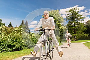 Happy senior couple riding bicycles at summer park