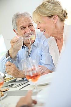 Happy senior couple sharing dinner