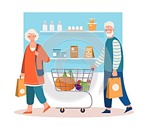 Happy senior couple is shopping with cart and basket in grocery store