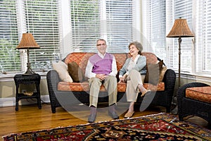 Happy senior couple sitting on living room couch
