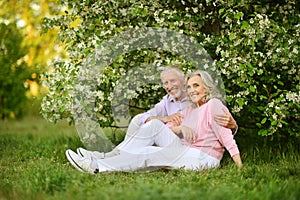 Happy senior couple sitting outdoors