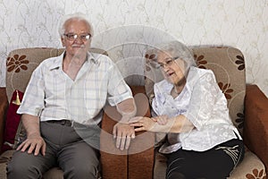 Happy Senior Couple Sitting On Sofa