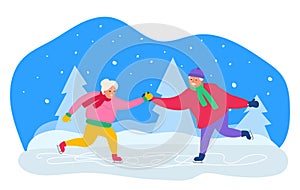 Happy senior couple skating on ice rink winter holidays vector