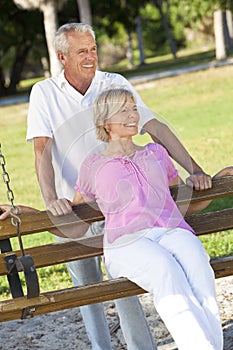 Happy Senior Couple Smiling Outside on Park Swing