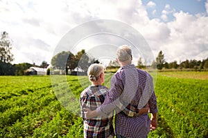 Happy senior couple at summer farm