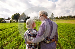 Happy senior couple at summer farm