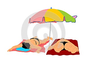 Happy senior couple sunbathing on beach under parasol  illustration. Sexy suntan beach woman in fashion bikini. Summer time