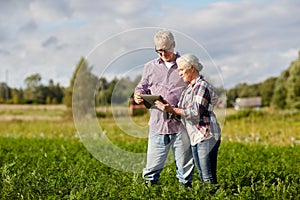 Happy senior couple with tablet pc at summer farm
