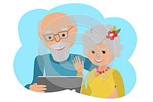 Happy senior couple with tablet. Vector illustration cloud icon