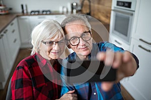 Happy senior couple taking selfie by smartphone