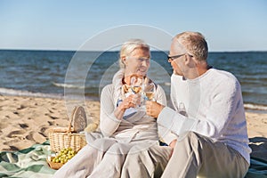 Happy senior couple talking on summer beach