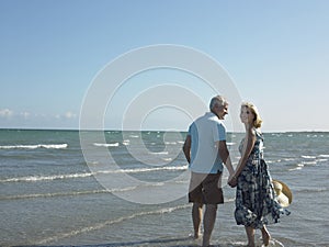 Happy Senior Couple Walking On Beach