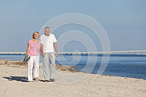 Happy Senior Couple Walking Holding Hands on Beach