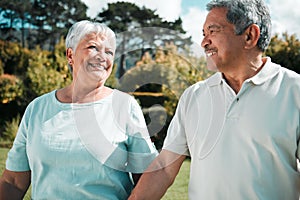 Happy senior couple walking in park, garden and nature of love, care or happiness together. Elderly man, woman and