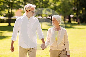 Happy senior couple walking at summer park