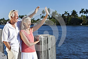 Happy Senior Couple Waving Outside by the Sea