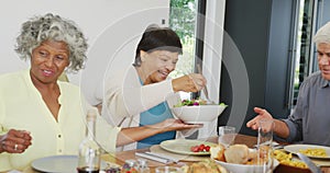 Happy senior diverse people having dinner at retirement home