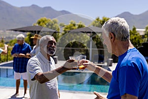 Happy senior diverse people having party, making toast in garden