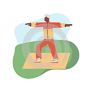 Happy senior doing yoga balance exercises in park. Elderly men lead active lifestyle. flat vector modern illustration in