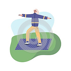 Happy senior doing yoga balance exercises in park. Elderly woman lead active lifestyle. flat vector modern illustration