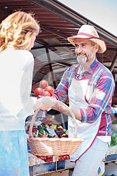 Happy senior farmer selling organic vegetables in a farmer`s marketplace