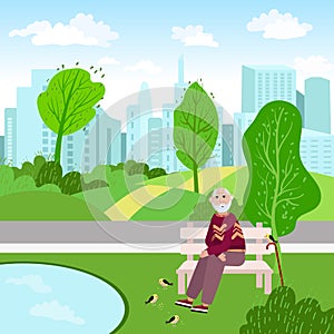 Happy Senior feeds birds. Old man sits on the bench near the Lake in the park. Grandfather is outdoor in the city. Vector flat